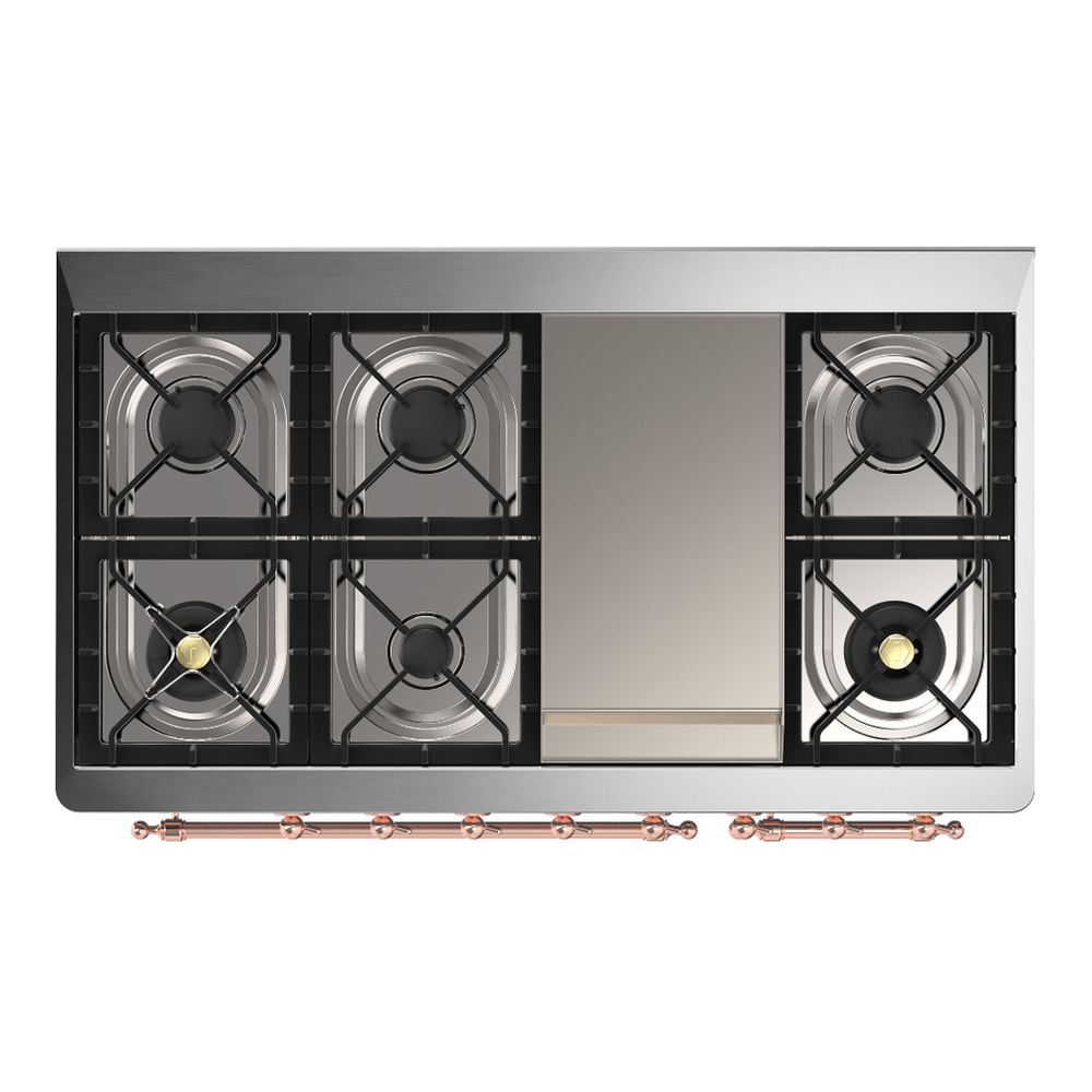 ILVE UM48FNR3BUPLP Majestic III 48 inch Dual Fuel Range with 8 Burners and Griddle, Dual Function Burner up to 25,000 BTU (Liquid Propane, Triple Glass Door, Burgundy, Copper) 9 ILVE-UM48FNR3BUPLP-Top View