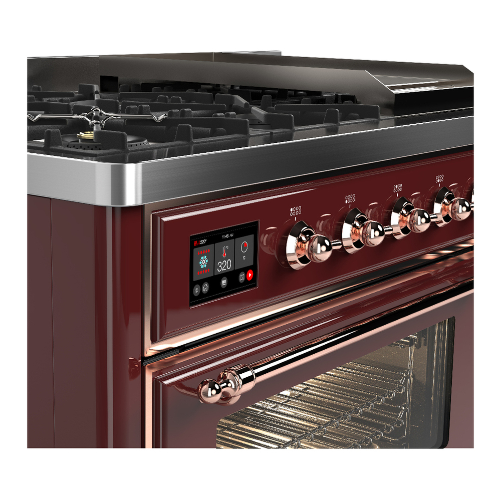 ILVE UM48FNR3BUPLP Majestic III 48 inch Dual Fuel Range with 8 Burners and Griddle, Dual Function Burner up to 25,000 BTU (Liquid Propane, Triple Glass Door, Burgundy, Copper) 7 ILVE-UM48FNR3BUPLP-Control Knobs View