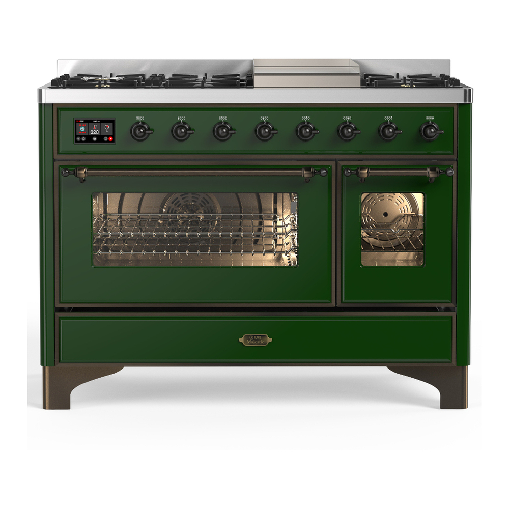 ILVE UM48FNR3EGBLP Majestic III 48 inch Dual Fuel Range with 8 Burners and Griddle, Dual Function Burner up to 25,000 BTU (Liquid Propane, Triple Glass Door, Emerald Green, Burnished) 1 UM48FNR3EGBLP