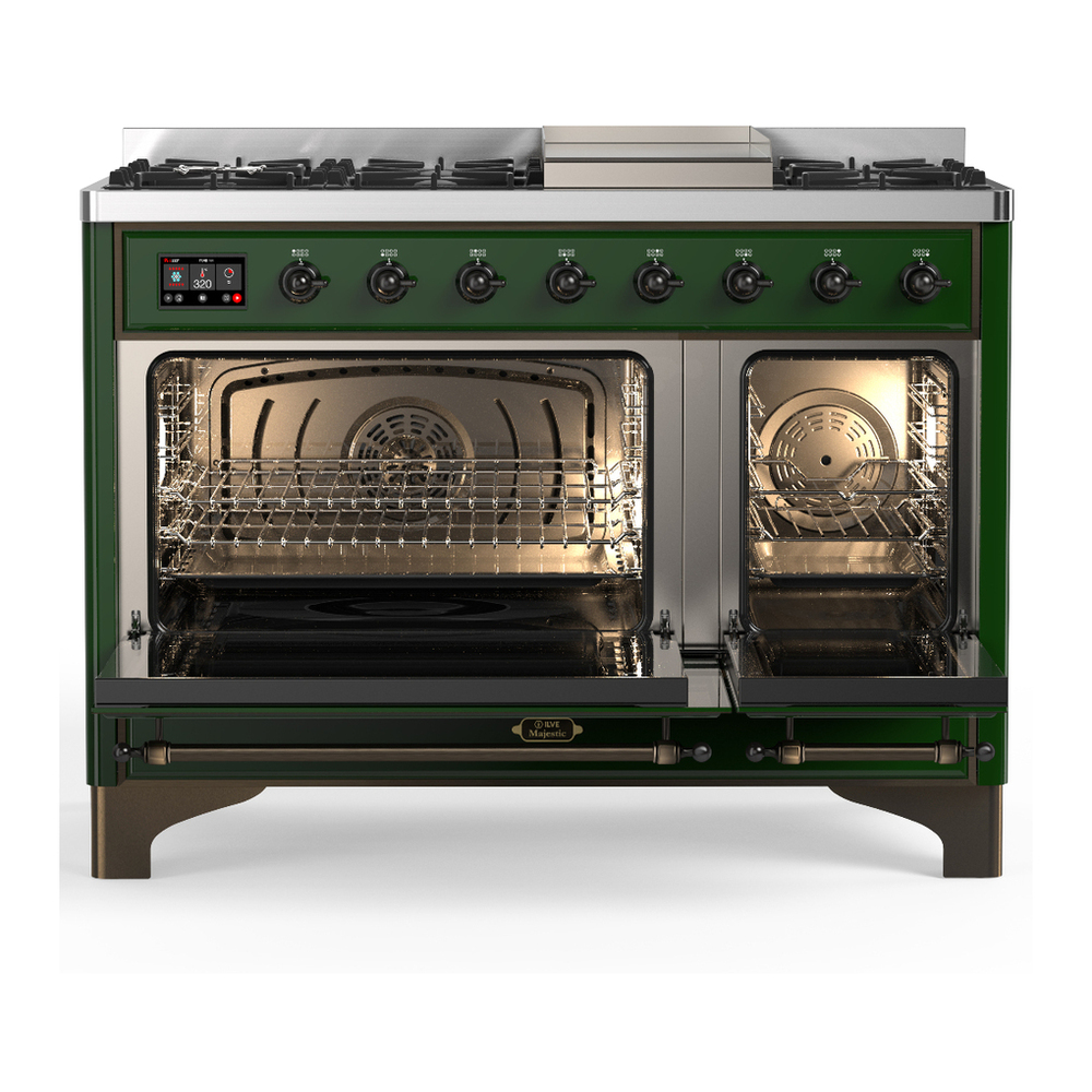 ILVE UM48FNR3EGBLP Majestic III 48 inch Dual Fuel Range with 8 Burners and Griddle, Dual Function Burner up to 25,000 BTU (Liquid Propane, Triple Glass Door, Emerald Green, Burnished) 2 ILVE-UM48FNR3EGBLP-Double Oven Open View