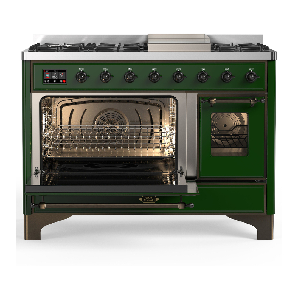 ILVE UM48FNR3EGBLP Majestic III 48 inch Dual Fuel Range with 8 Burners and Griddle, Dual Function Burner up to 25,000 BTU (Liquid Propane, Triple Glass Door, Emerald Green, Burnished) 6 ILVE-UM48FNR3EGBLP-Primary Oven Open View