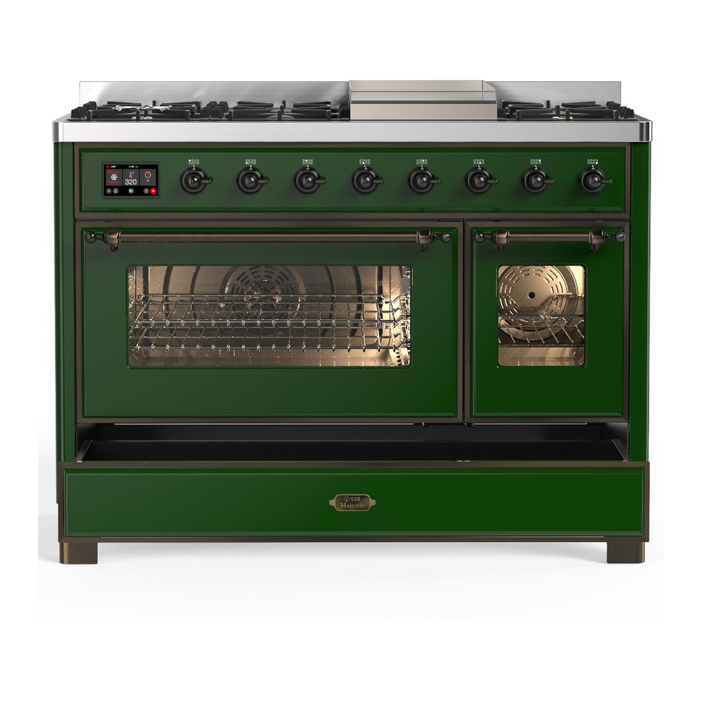 ILVE UM48FNR3EGBLP Majestic III 48 inch Dual Fuel Range with 8 Burners and Griddle, Dual Function Burner up to 25,000 BTU (Liquid Propane, Triple Glass Door, Emerald Green, Burnished) 8 ILVE-UM48FNR3EGBLP-Drawer Open View