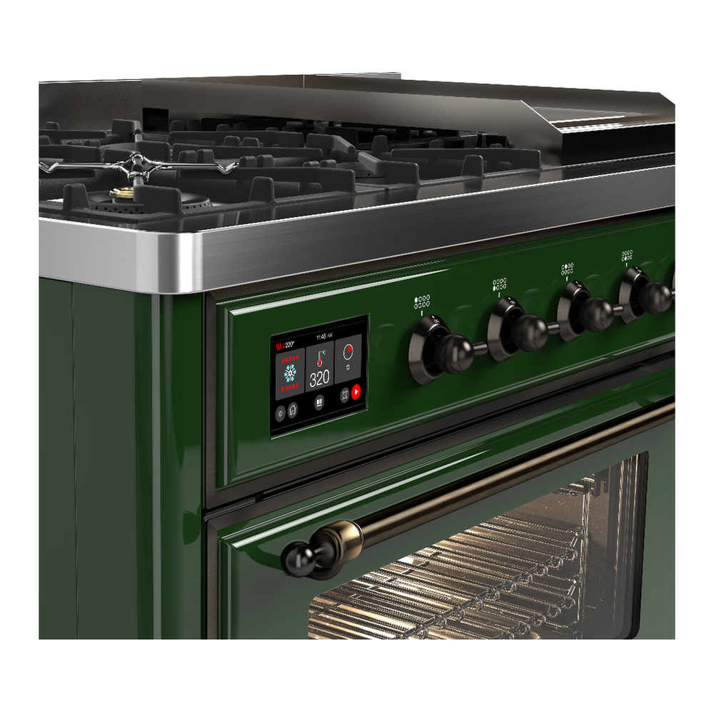 ILVE UM48FNR3EGBLP Majestic III 48 inch Dual Fuel Range with 8 Burners and Griddle, Dual Function Burner up to 25,000 BTU (Liquid Propane, Triple Glass Door, Emerald Green, Burnished) 10 ILVE-UM48FNR3EGBLP-Control Knobs View