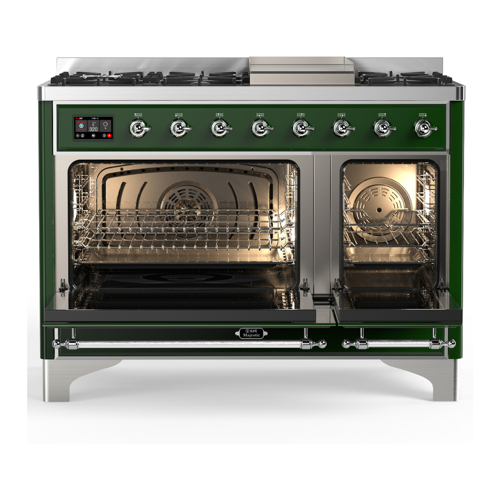 ILVE UM48FNR3EGCLP Majestic III 48 inch Dual Fuel Range with 8 Burners and Griddle, Dual Function Burner up to 25,000 BTU (Liquid Propane, Triple Glass Door, Emerald Green, Chrome) 5 ILVE-UM48FNR3EGCLP-Double Oven Open View