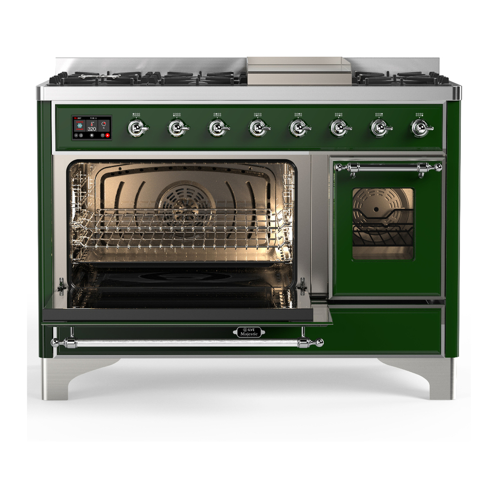 ILVE UM48FNR3EGCLP Majestic III 48 inch Dual Fuel Range with 8 Burners and Griddle, Dual Function Burner up to 25,000 BTU (Liquid Propane, Triple Glass Door, Emerald Green, Chrome) 6 ILVE-UM48FNR3EGCLP-Primary Oven Open View