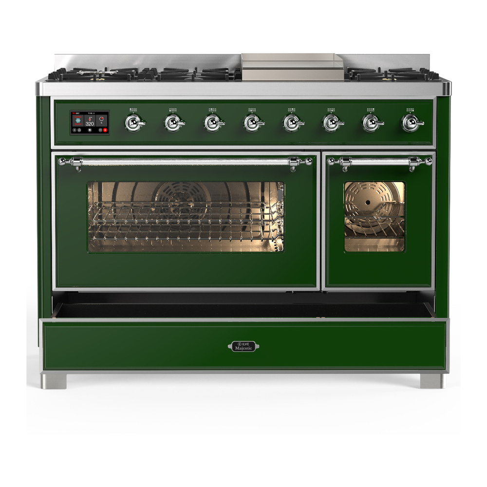 ILVE UM48FNR3EGCLP Majestic III 48 inch Dual Fuel Range with 8 Burners and Griddle, Dual Function Burner up to 25,000 BTU (Liquid Propane, Triple Glass Door, Emerald Green, Chrome) 8 ILVE-UM48FNR3EGCLP-Drawer Open View