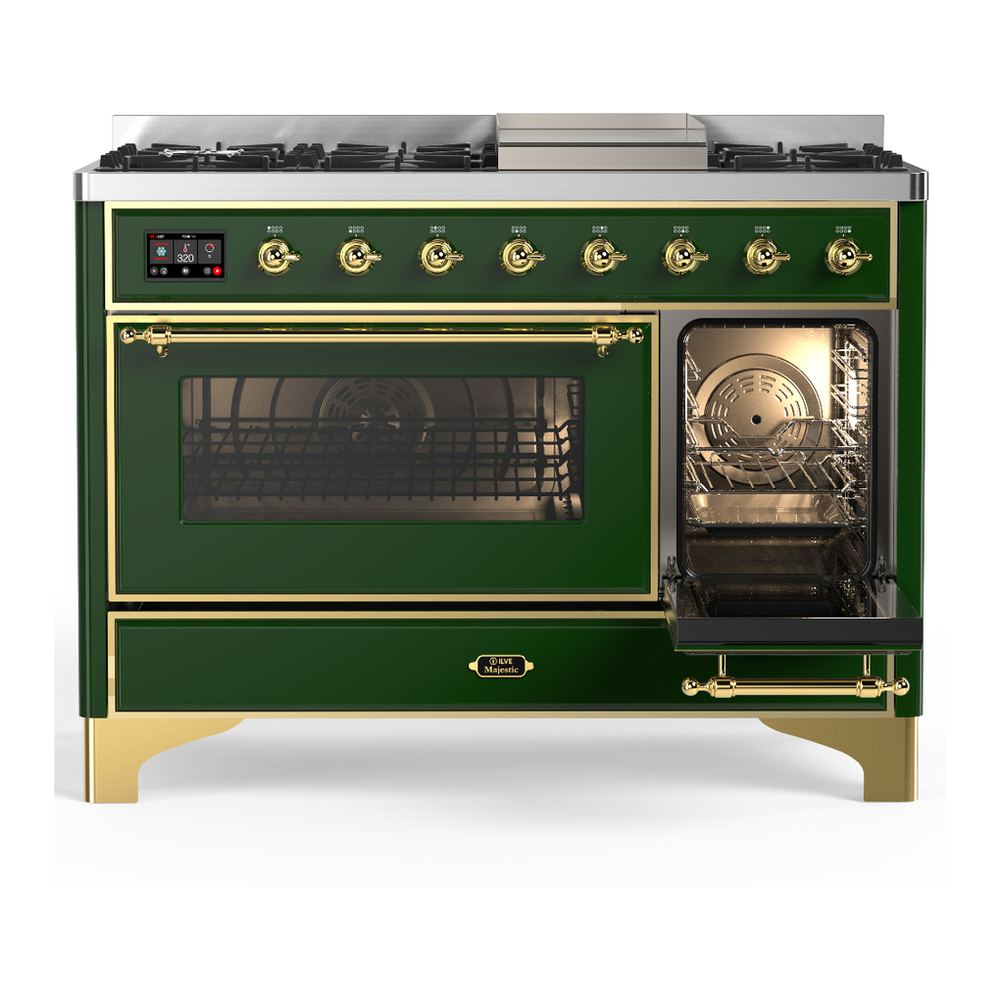 ILVE UM48FNR3EGGLP Majestic III 48 inch Dual Fuel Range with 8 Burners and Griddle, Dual Function Burner up to 25,000 BTU (Liquid Propane, Triple Glass Door, Emerald Green, Brass) 7 ILVE-UM48FNR3EGGLP-Secondary Oven Open View