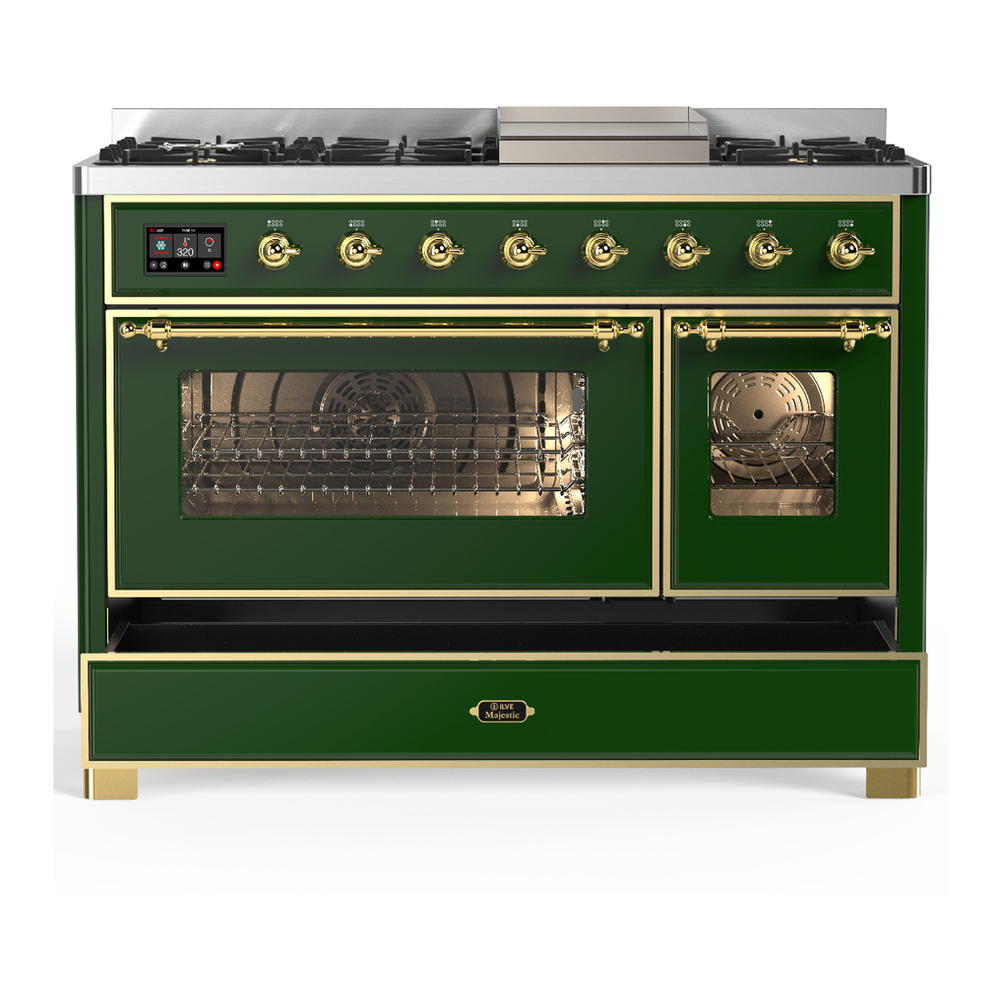 ILVE UM48FNR3EGGLP Majestic III 48 inch Dual Fuel Range with 8 Burners and Griddle, Dual Function Burner up to 25,000 BTU (Liquid Propane, Triple Glass Door, Emerald Green, Brass) 8 ILVE-UM48FNR3EGGLP-Drawer Open View