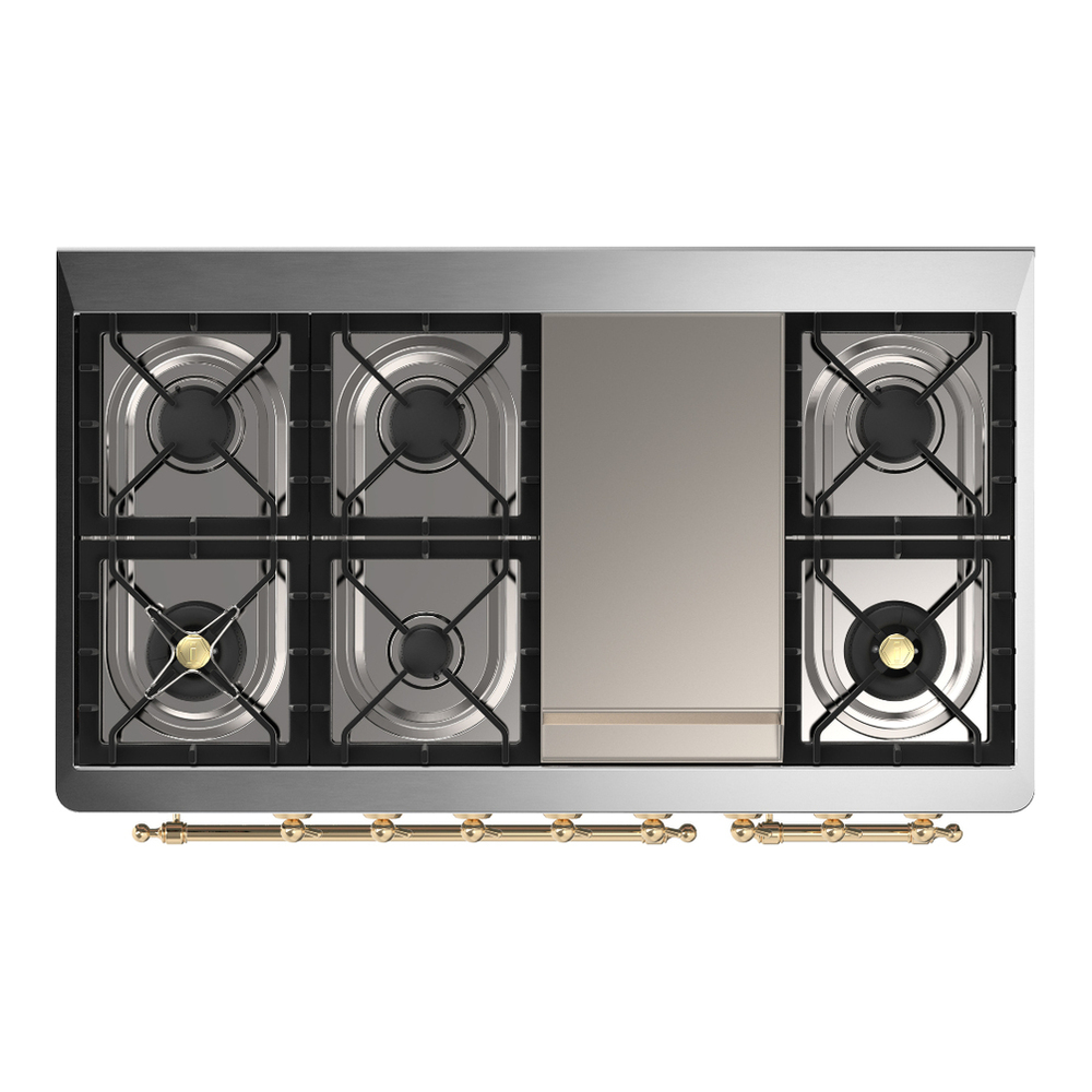 ILVE UM48FNR3EGGLP Majestic III 48 inch Dual Fuel Range with 8 Burners and Griddle, Dual Function Burner up to 25,000 BTU (Liquid Propane, Triple Glass Door, Emerald Green, Brass) 9 ILVE-UM48FNR3EGGLP-Top View