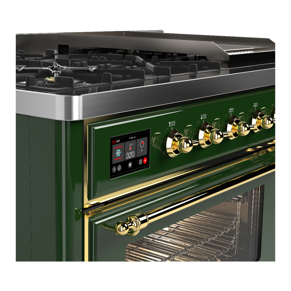 ILVE UM48FNR3EGGLP Majestic III 48 inch Dual Fuel Range with 8 Burners and Griddle, Dual Function Burner up to 25,000 BTU (Liquid Propane, Triple Glass Door, Emerald Green, Brass) 10 ILVE-UM48FNR3EGGLP-Control Knobs View