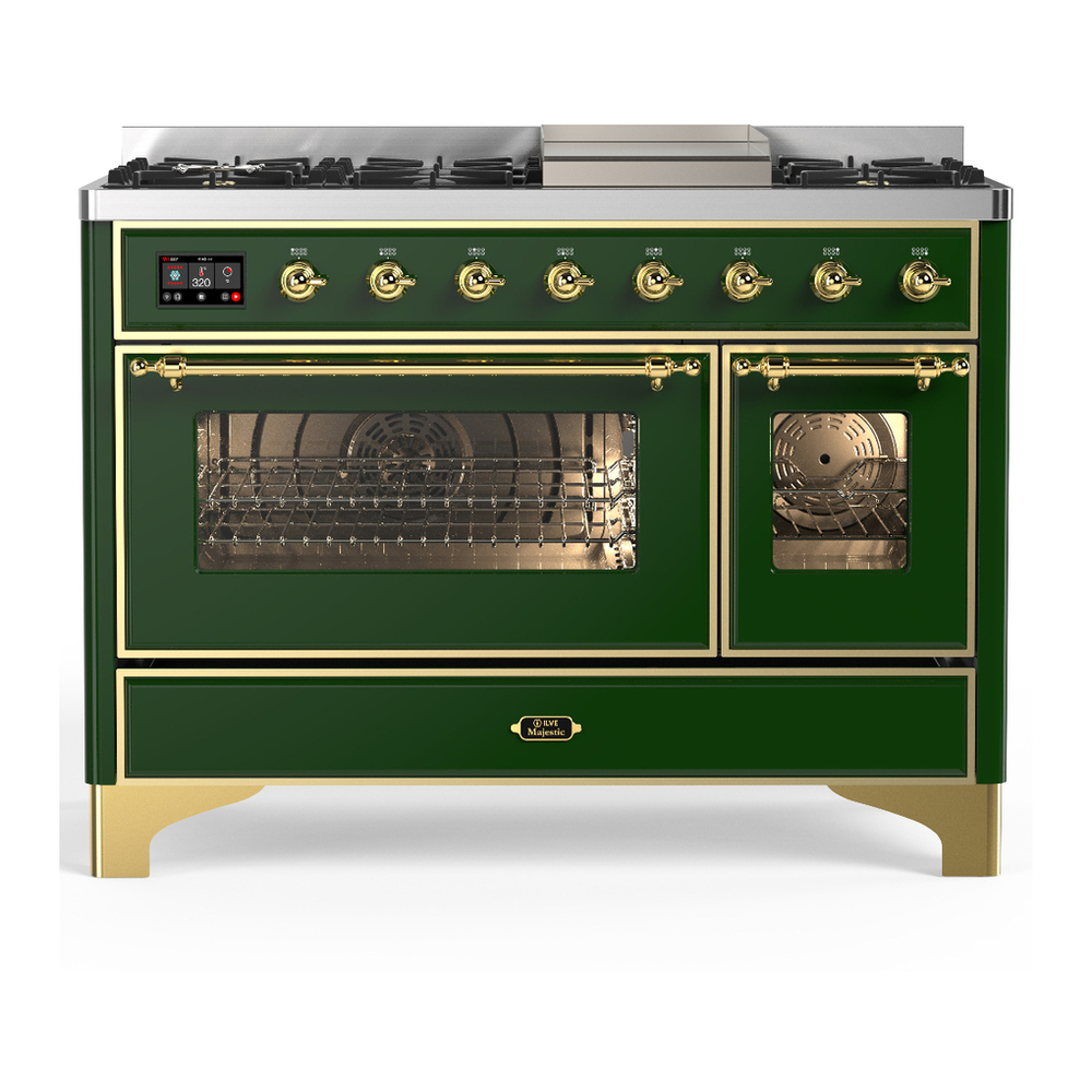 ILVE UM48FNR3EGG Majestic III 48 inch Dual Fuel Range with 8 Burners and Griddle, Dual Function Burner up to 25,000 BTU (Natural Gas, Triple Glass Door, Emerald Green, Brass) 1 UM48FNR3EGG