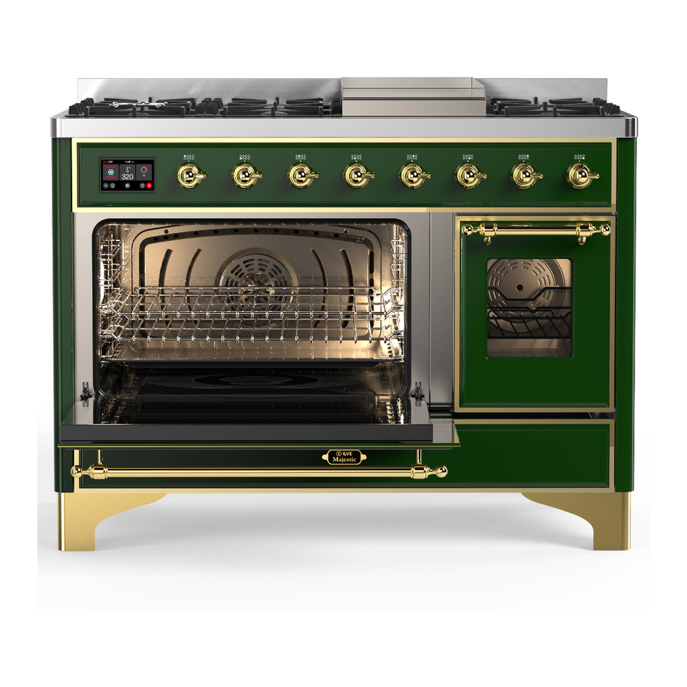 ILVE UM48FNR3EGG Majestic III 48 inch Dual Fuel Range with 8 Burners and Griddle, Dual Function Burner up to 25,000 BTU (Natural Gas, Triple Glass Door, Emerald Green, Brass) 3 ILVE-UM48FNR3EGG-Primary Oven Open View