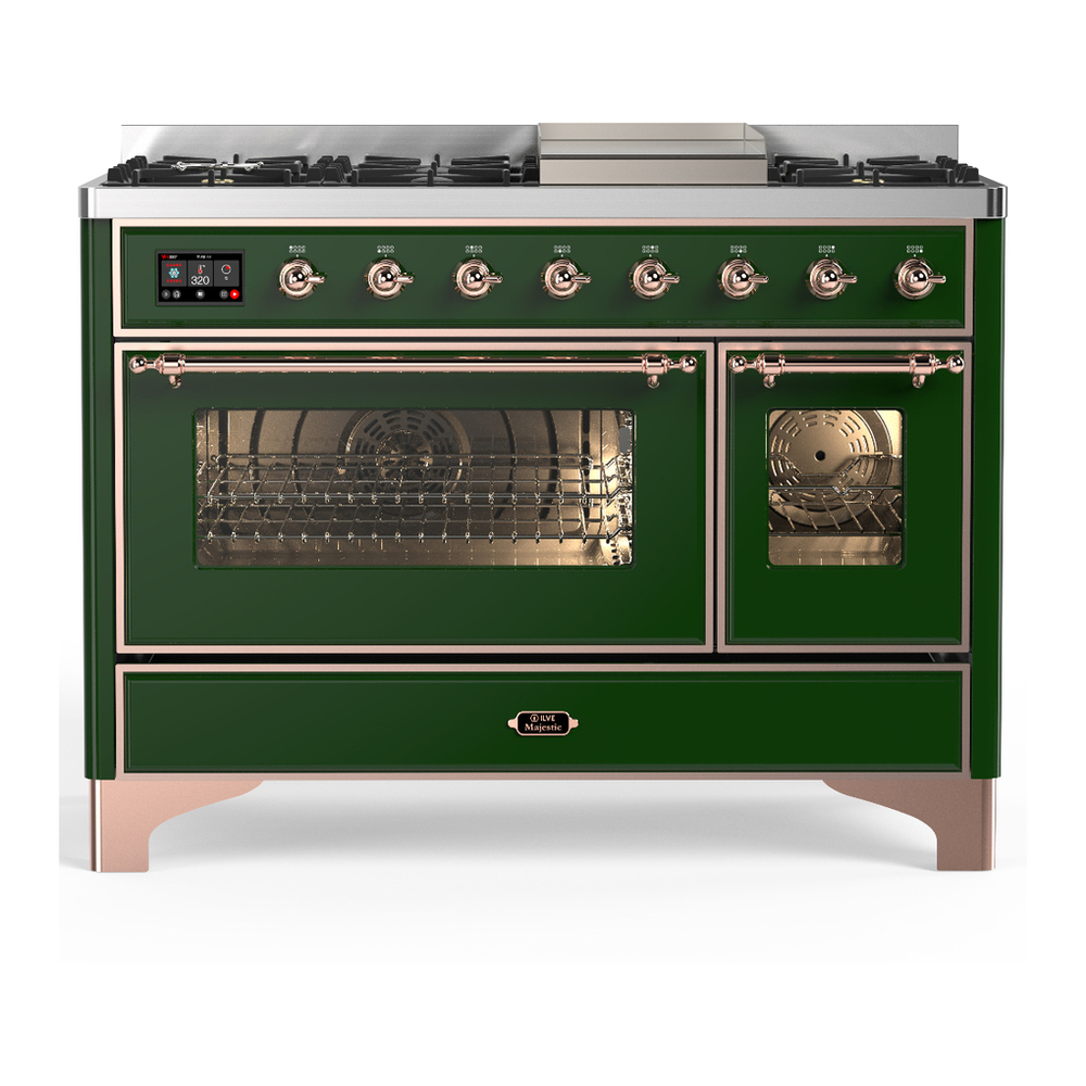 ILVE UM48FNR3EGPLP Majestic III 48 inch Dual Fuel Range with 8 Burners and Griddle, Dual Function Burner up to 25,000 BTU (Liquid Propane, Triple Glass Door, Emerald Green, Copper) 1 UM48FNR3EGPLP