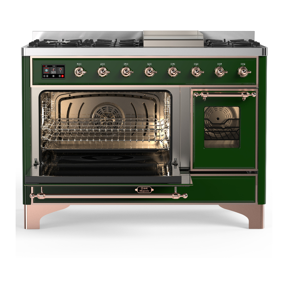 ILVE UM48FNR3EGPLP Majestic III 48 inch Dual Fuel Range with 8 Burners and Griddle, Dual Function Burner up to 25,000 BTU (Liquid Propane, Triple Glass Door, Emerald Green, Copper) 3 ILVE-UM48FNR3EGPLP-Primary Oven Open View