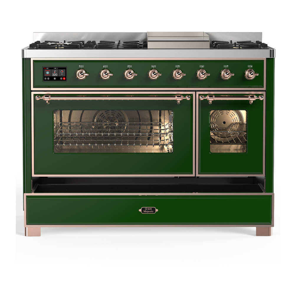 ILVE UM48FNR3EGPLP Majestic III 48 inch Dual Fuel Range with 8 Burners and Griddle, Dual Function Burner up to 25,000 BTU (Liquid Propane, Triple Glass Door, Emerald Green, Copper) 5 ILVE-UM48FNR3EGPLP-Drawer Open View