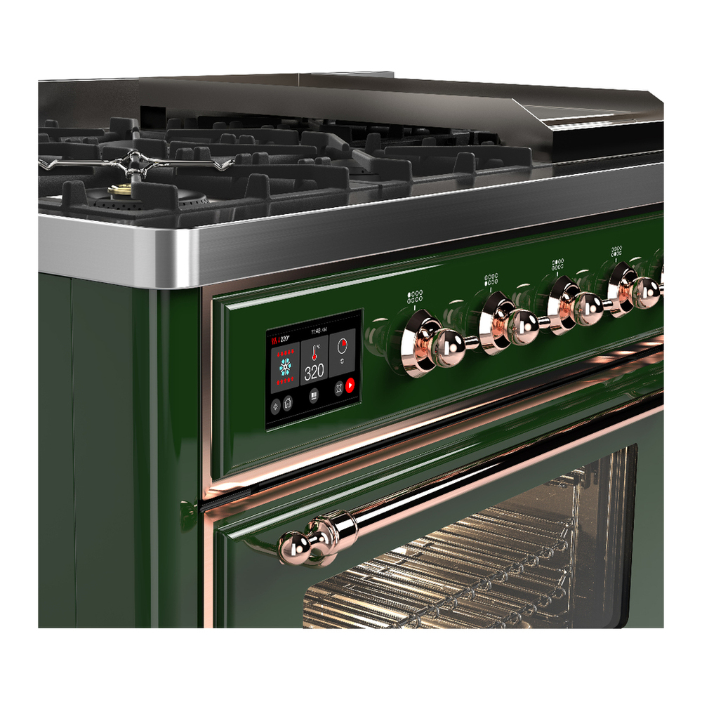 ILVE UM48FNR3EGPLP Majestic III 48 inch Dual Fuel Range with 8 Burners and Griddle, Dual Function Burner up to 25,000 BTU (Liquid Propane, Triple Glass Door, Emerald Green, Copper) 7 ILVE-UM48FNR3EGPLP-Control Knobs View