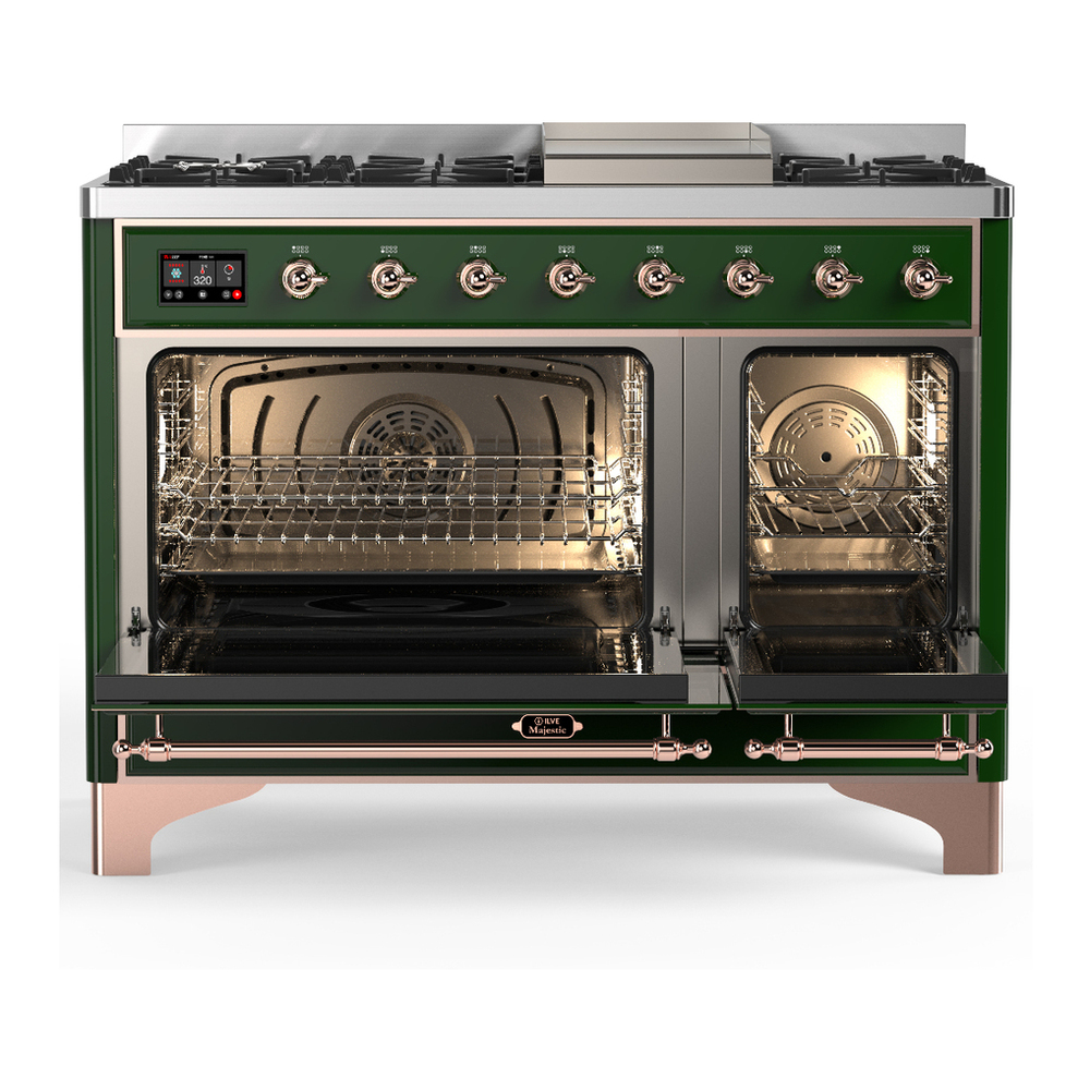 ILVE UM48FNR3EGP Majestic III 48 inch Dual Fuel Range with 8 Burners and Griddle, Dual Function Burner up to 25,000 BTU (Natural Gas, Triple Glass Door, Emerald Green, Copper) 5 ILVE-UM48FNR3EGP-Double Oven Open View