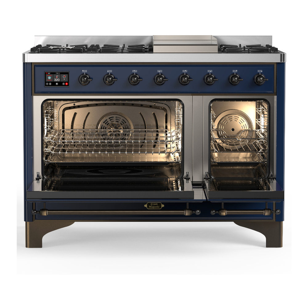 ILVE UM48FNR3MBBLP Majestic III 48 inch Dual Fuel Range with 8 Burners and Griddle, Dual Function Burner up to 25,000 BTU (Liquid Propane, Triple Glass Door, Midnight Blue, Burnished) 5 ILVE-UM48FNR3MBBLP-Double Oven Open View