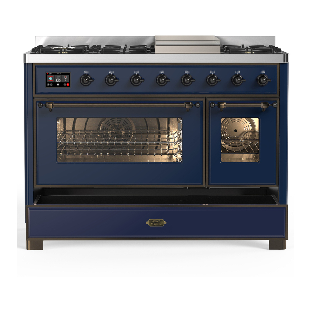 ILVE UM48FNR3MBBLP Majestic III 48 inch Dual Fuel Range with 8 Burners and Griddle, Dual Function Burner up to 25,000 BTU (Liquid Propane, Triple Glass Door, Midnight Blue, Burnished) 8 ILVE-UM48FNR3MBBLP-Drawer Open View