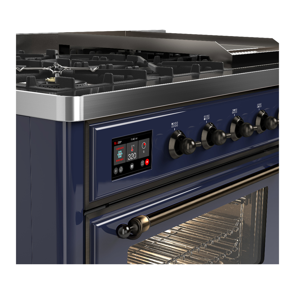 ILVE UM48FNR3MBBLP Majestic III 48 inch Dual Fuel Range with 8 Burners and Griddle, Dual Function Burner up to 25,000 BTU (Liquid Propane, Triple Glass Door, Midnight Blue, Burnished) 10 ILVE-UM48FNR3MBBLP-Control Knobs View