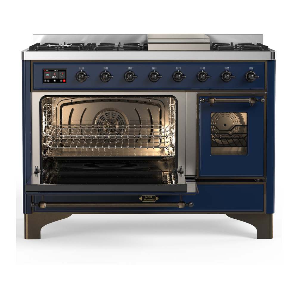 ILVE UM48FNR3MBB Majestic III 48 inch Dual Fuel Range with 8 Burners and Griddle, Dual Function Burner up to 25,000 BTU (Natural Gas, Triple Glass Door, Midnight Blue, Burnished) 6 ILVE-UM48FNR3MBB-Primary Oven Open View