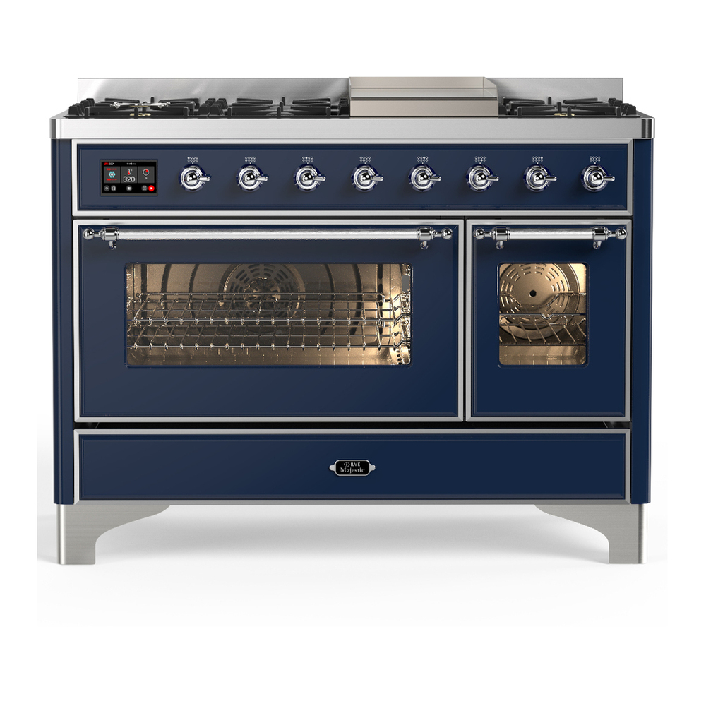 ILVE UM48FNR3MBCLP Majestic III 48 inch Dual Fuel Range with 8 Burners and Griddle, Dual Function Burner up to 25,000 BTU (Liquid Propane, Triple Glass Door, Midnight Blue, Chrome) 1 UM48FNR3MBCLP