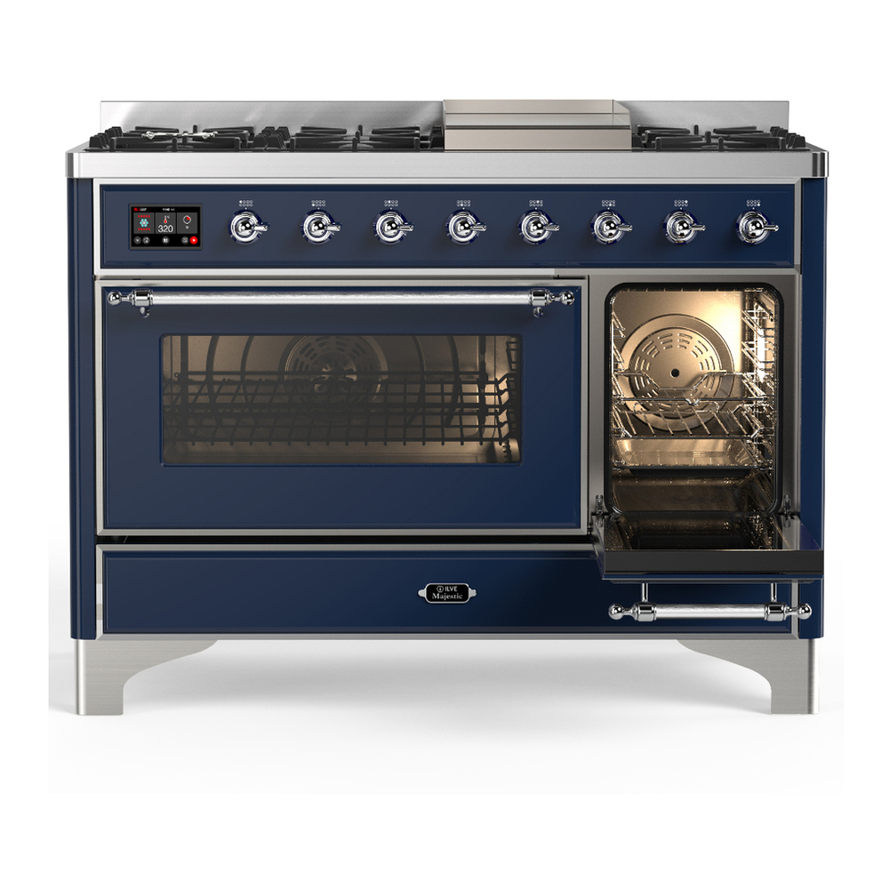ILVE UM48FNR3MBCLP Majestic III 48 inch Dual Fuel Range with 8 Burners and Griddle, Dual Function Burner up to 25,000 BTU (Liquid Propane, Triple Glass Door, Midnight Blue, Chrome) 4 ILVE-UM48FNR3MBCLP-Secondary Oven Open View