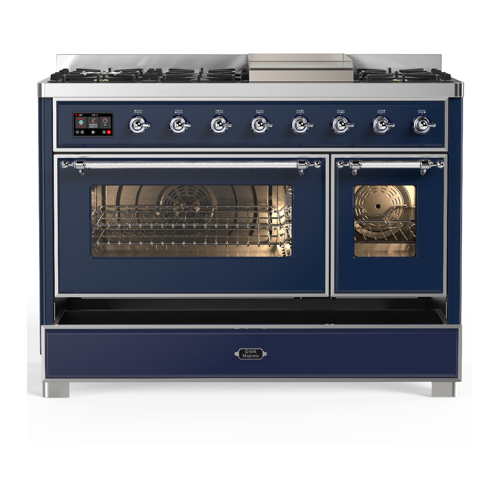 ILVE UM48FNR3MBCLP Majestic III 48 inch Dual Fuel Range with 8 Burners and Griddle, Dual Function Burner up to 25,000 BTU (Liquid Propane, Triple Glass Door, Midnight Blue, Chrome) 8 ILVE-UM48FNR3MBCLP-Drawer Open View
