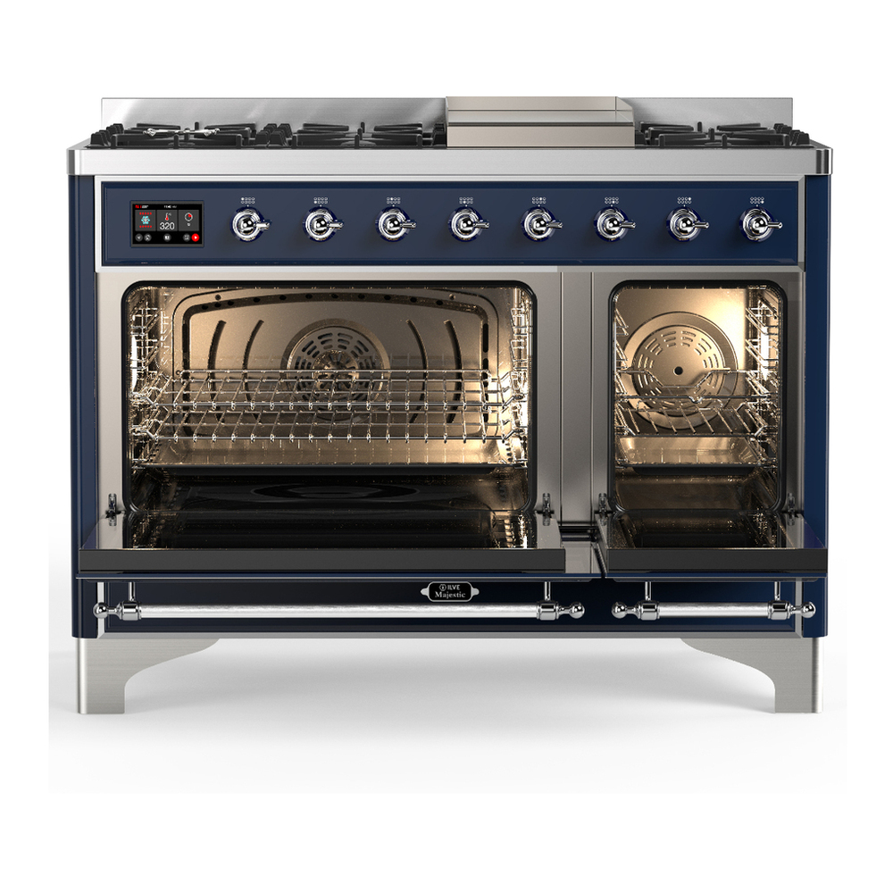 ILVE UM48FNR3MBC Majestic III 48 inch Dual Fuel Range with 8 Burners and Griddle, Dual Function Burner up to 25,000 BTU (Natural Gas, Triple Glass Door, Midnight Blue, Chrome) 5 ILVE-UM48FNR3MBC-Double Oven Open View