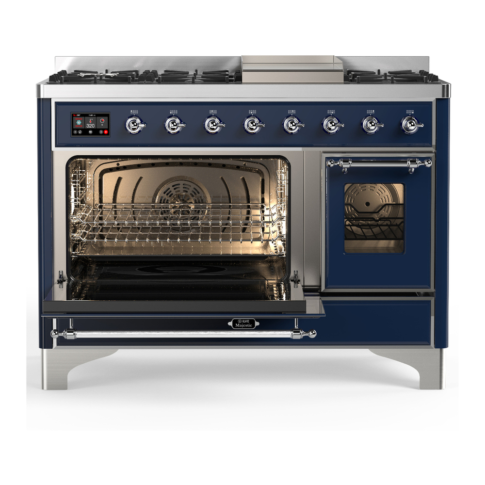 ILVE UM48FNR3MBC Majestic III 48 inch Dual Fuel Range with 8 Burners and Griddle, Dual Function Burner up to 25,000 BTU (Natural Gas, Triple Glass Door, Midnight Blue, Chrome) 6 ILVE-UM48FNR3MBC-Primary Oven Open View