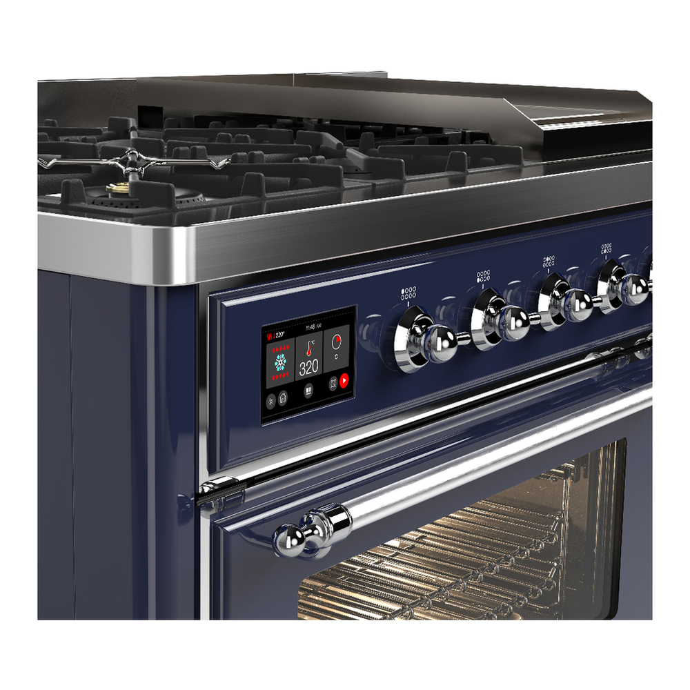 ILVE UM48FNR3MBC Majestic III 48 inch Dual Fuel Range with 8 Burners and Griddle, Dual Function Burner up to 25,000 BTU (Natural Gas, Triple Glass Door, Midnight Blue, Chrome) 7 ILVE-UM48FNR3MBC-Control Knobs View
