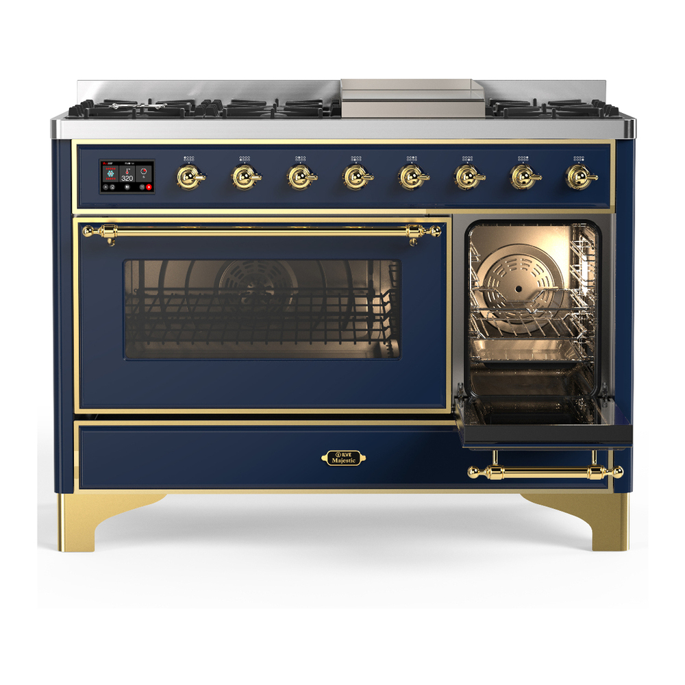 ILVE UM48FNR3MBGLP Majestic III 48 inch Dual Fuel Range with 8 Burners and Griddle, Dual Function Burner up to 25,000 BTU (Liquid Propane, Triple Glass Door, Midnight Blue, Brass) 4 ILVE-UM48FNR3MBGLP-Secondary Oven Open View