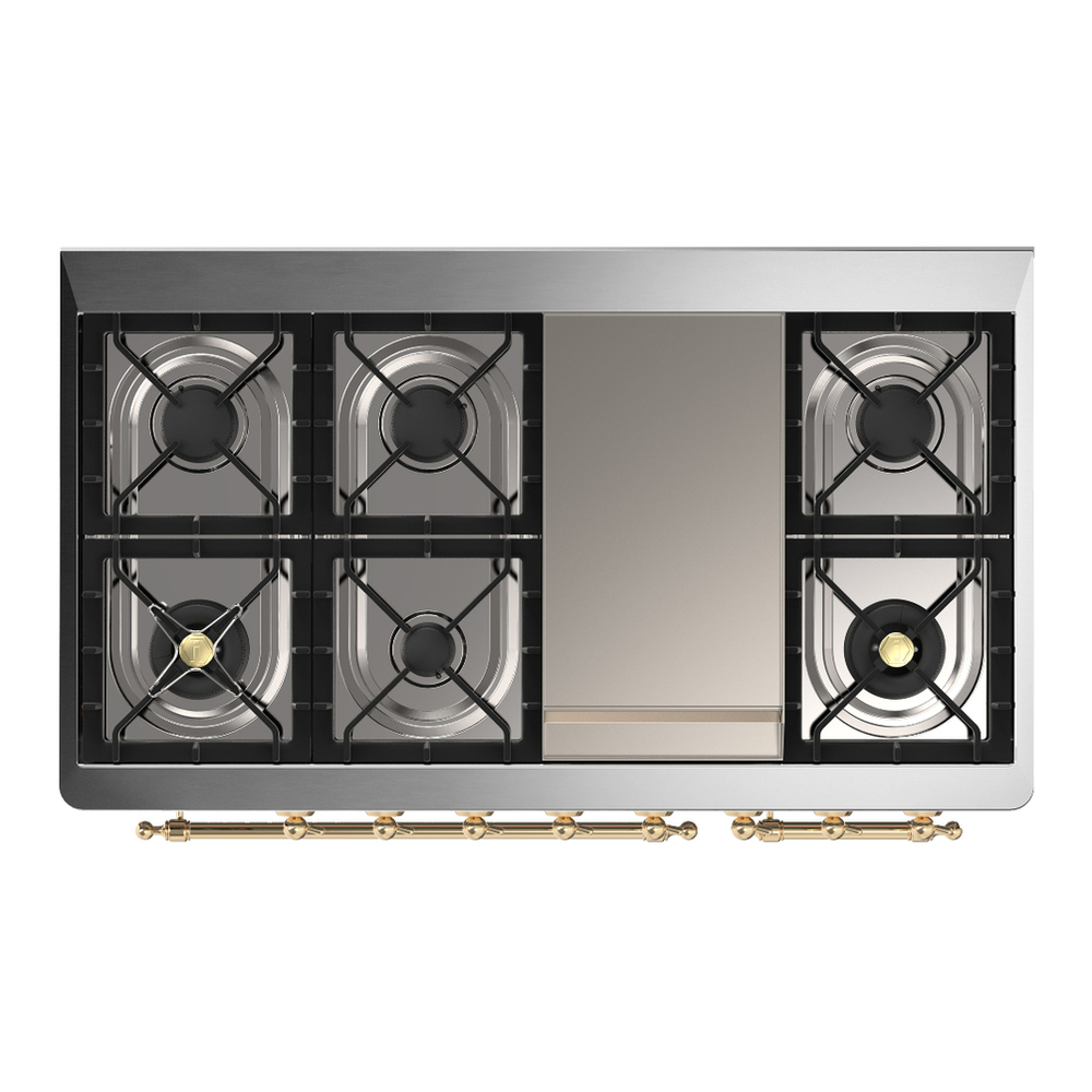 ILVE UM48FNR3MBGLP Majestic III 48 inch Dual Fuel Range with 8 Burners and Griddle, Dual Function Burner up to 25,000 BTU (Liquid Propane, Triple Glass Door, Midnight Blue, Brass) 9 ILVE-UM48FNR3MBGLP-Top View
