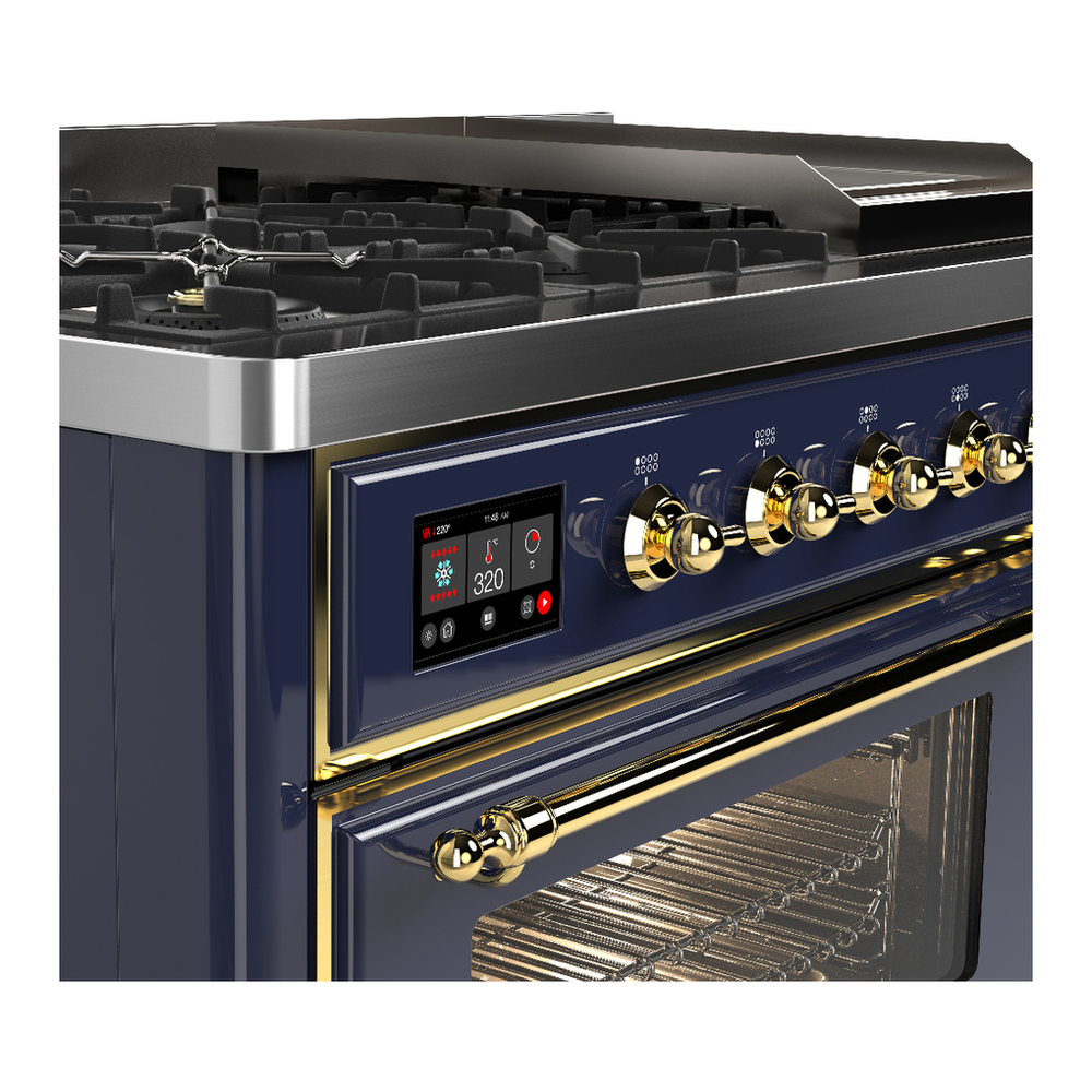 ILVE UM48FNR3MBGLP Majestic III 48 inch Dual Fuel Range with 8 Burners and Griddle, Dual Function Burner up to 25,000 BTU (Liquid Propane, Triple Glass Door, Midnight Blue, Brass) 10 ILVE-UM48FNR3MBGLP-Control Knobs View