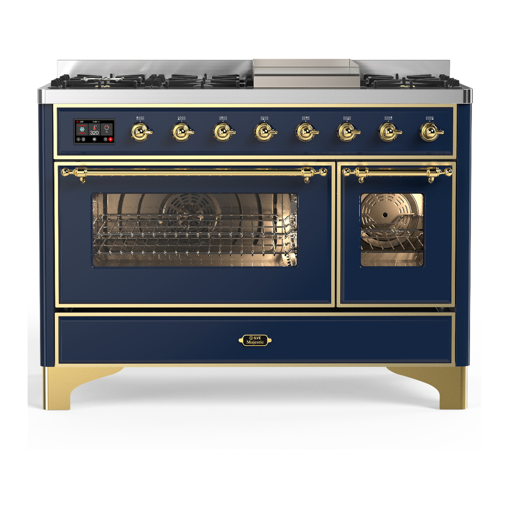 ILVE UM48FNR3MBG Majestic III 48 inch Dual Fuel Range with 8 Burners and Griddle, Dual Function Burner up to 25,000 BTU (Natural Gas, Triple Glass Door, Midnight Blue, Brass) 1 UM48FNR3MBG