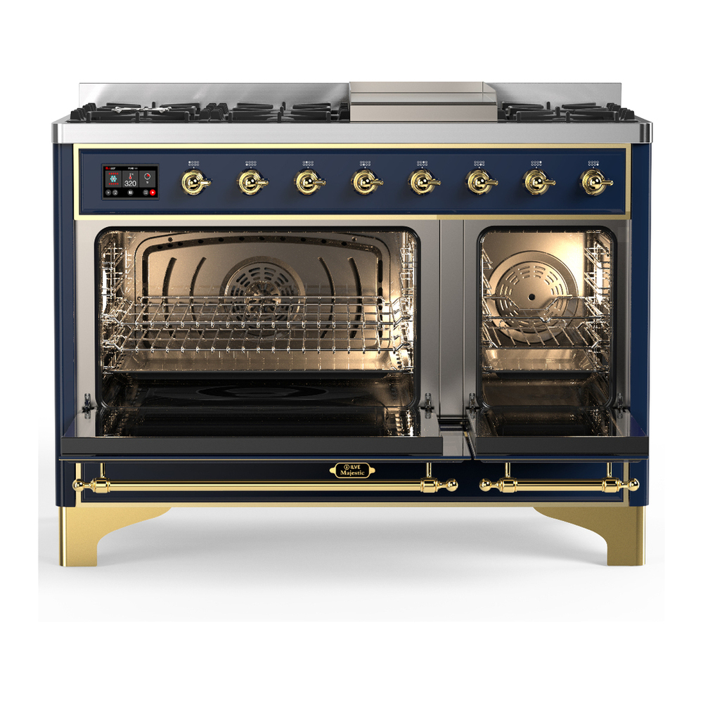ILVE UM48FNR3MBG Majestic III 48 inch Dual Fuel Range with 8 Burners and Griddle, Dual Function Burner up to 25,000 BTU (Natural Gas, Triple Glass Door, Midnight Blue, Brass) 2 ILVE-UM48FNR3MBG-Double Oven Open View