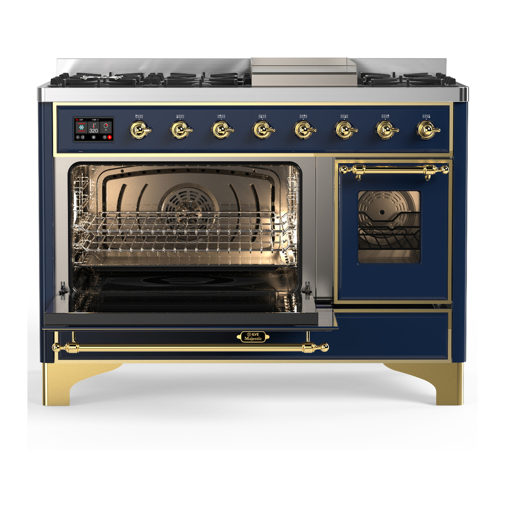 ILVE UM48FNR3MBG Majestic III 48 inch Dual Fuel Range with 8 Burners and Griddle, Dual Function Burner up to 25,000 BTU (Natural Gas, Triple Glass Door, Midnight Blue, Brass) 6 ILVE-UM48FNR3MBG-Primary Oven Open View