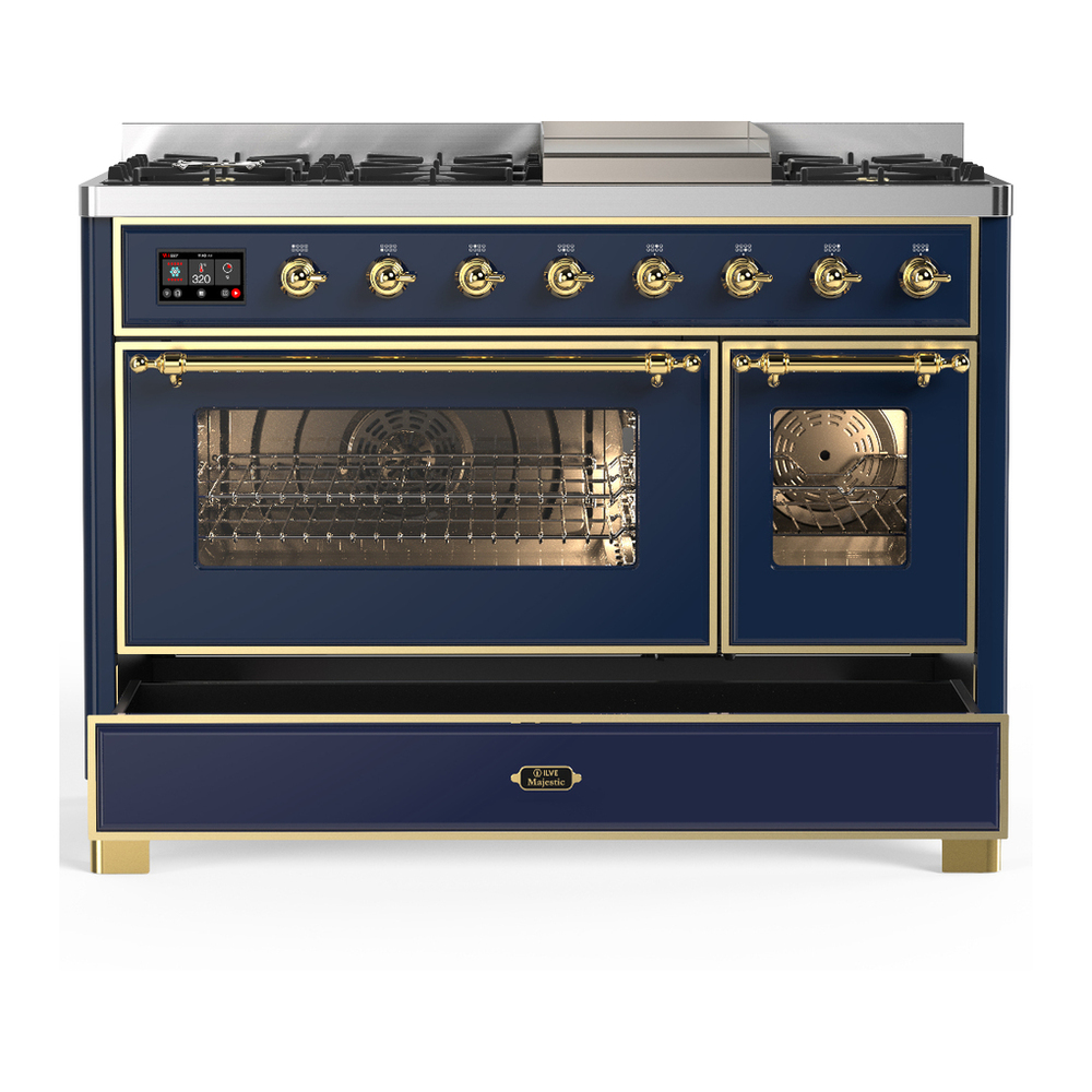 ILVE UM48FNR3MBG Majestic III 48 inch Dual Fuel Range with 8 Burners and Griddle, Dual Function Burner up to 25,000 BTU (Natural Gas, Triple Glass Door, Midnight Blue, Brass) 8 ILVE-UM48FNR3MBG-Drawer Open View