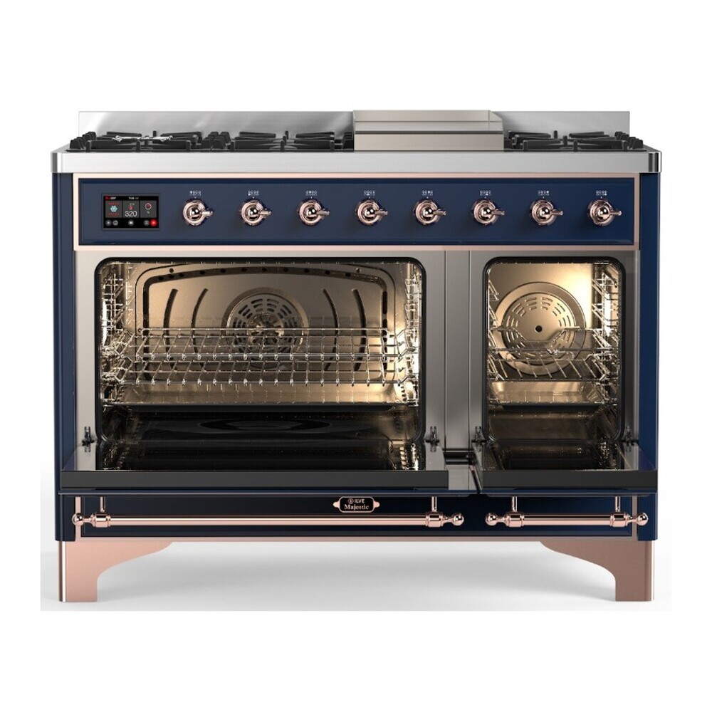 ILVE UM48FNR3MBPLP Majestic III 48 inch Dual Fuel Range with 8 Burners and Griddle, Dual Function Burner up to 25,000 BTU (Liquid Propane, Triple Glass Door, Midnight Blue, Copper) 5 ILVE UM48FNR3MBP oven doors opened