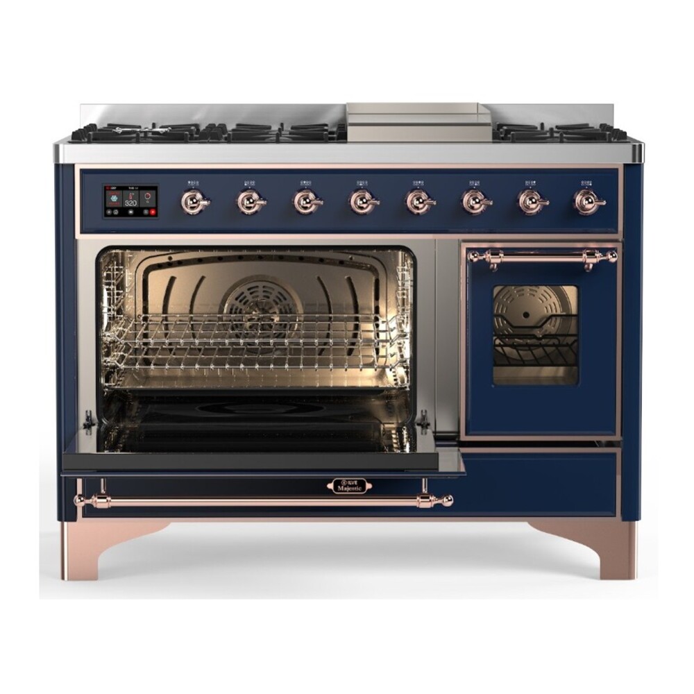 ILVE UM48FNR3MBPLP Majestic III 48 inch Dual Fuel Range with 8 Burners and Griddle, Dual Function Burner up to 25,000 BTU (Liquid Propane, Triple Glass Door, Midnight Blue, Copper) 6 ILVE UM48FNR3MBP main oven door opened