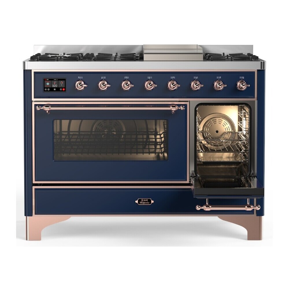 ILVE UM48FNR3MBPLP Majestic III 48 inch Dual Fuel Range with 8 Burners and Griddle, Dual Function Burner up to 25,000 BTU (Liquid Propane, Triple Glass Door, Midnight Blue, Copper) 7 ILVE UM48FNR3MBP side oven door opened