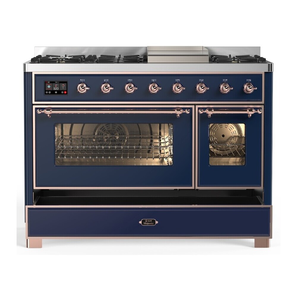 ILVE UM48FNR3MBPLP Majestic III 48 inch Dual Fuel Range with 8 Burners and Griddle, Dual Function Burner up to 25,000 BTU (Liquid Propane, Triple Glass Door, Midnight Blue, Copper) 8 ILVE UM48FNR3MBP drawer opened