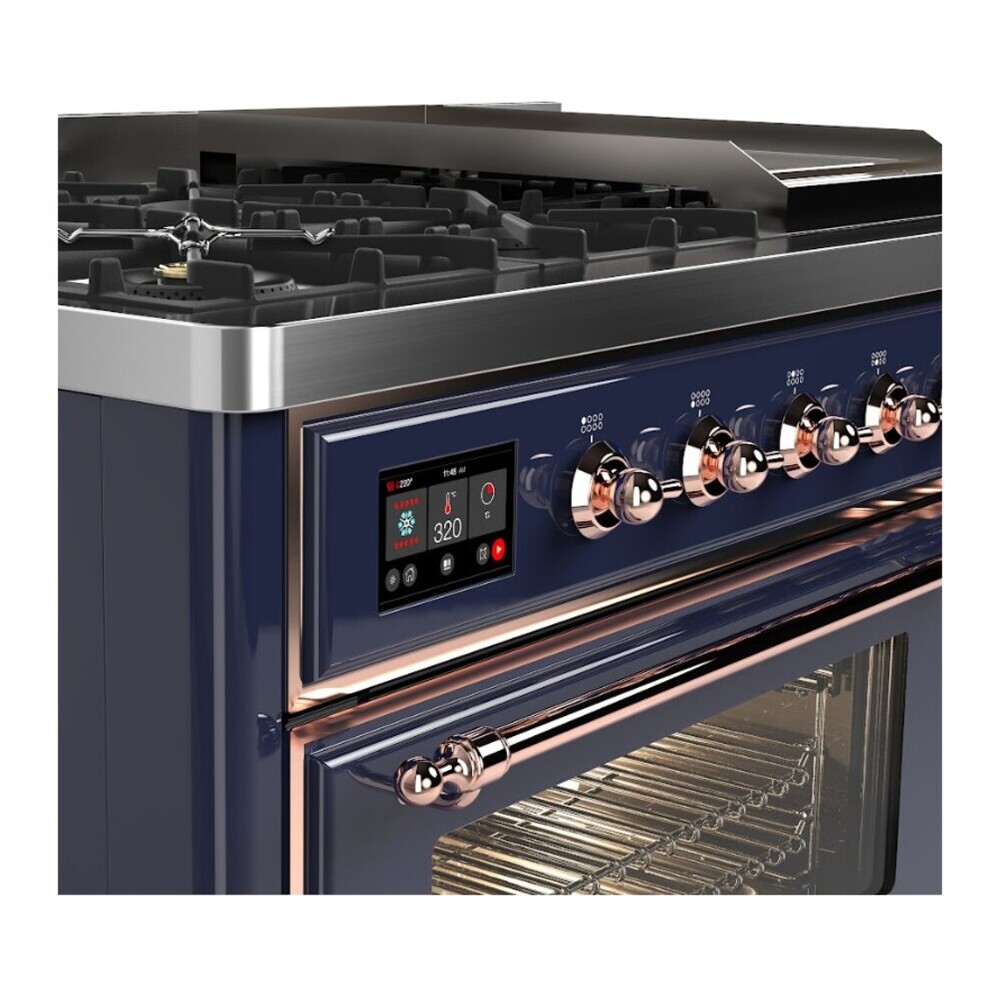 ILVE UM48FNR3MBPLP Majestic III 48 inch Dual Fuel Range with 8 Burners and Griddle, Dual Function Burner up to 25,000 BTU (Liquid Propane, Triple Glass Door, Midnight Blue, Copper) 9 ILVE UM48FNR3MBP details