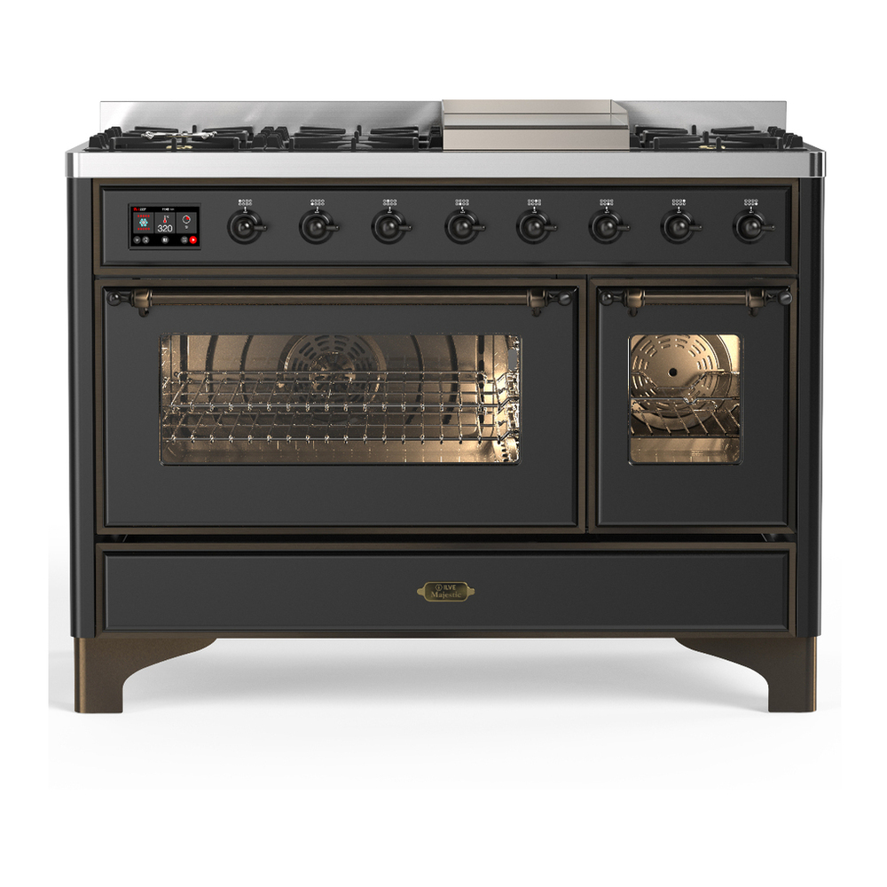 ILVE UM48FNR3MGBLP Majestic III 48 inch Dual Fuel Range with 8 Burners and Griddle, Dual Function Burner up to 25,000 BTU (Liquid Propane, Triple Glass Door, Graphite Matte, Burnished) 1 UM48FNR3MGBLP