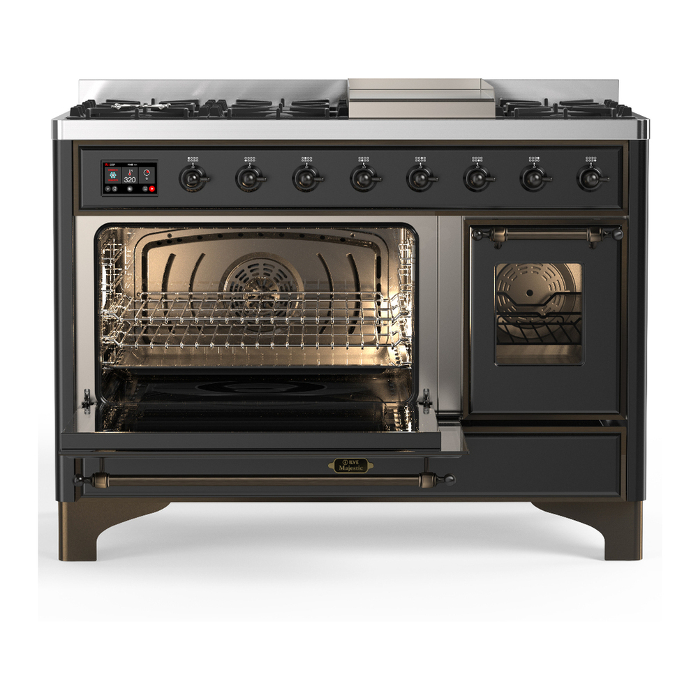 ILVE UM48FNR3MGBLP Majestic III 48 inch Dual Fuel Range with 8 Burners and Griddle, Dual Function Burner up to 25,000 BTU (Liquid Propane, Triple Glass Door, Graphite Matte, Burnished) 6 ILVE-UM48FNR3MGBLP-Primary Oven Open View