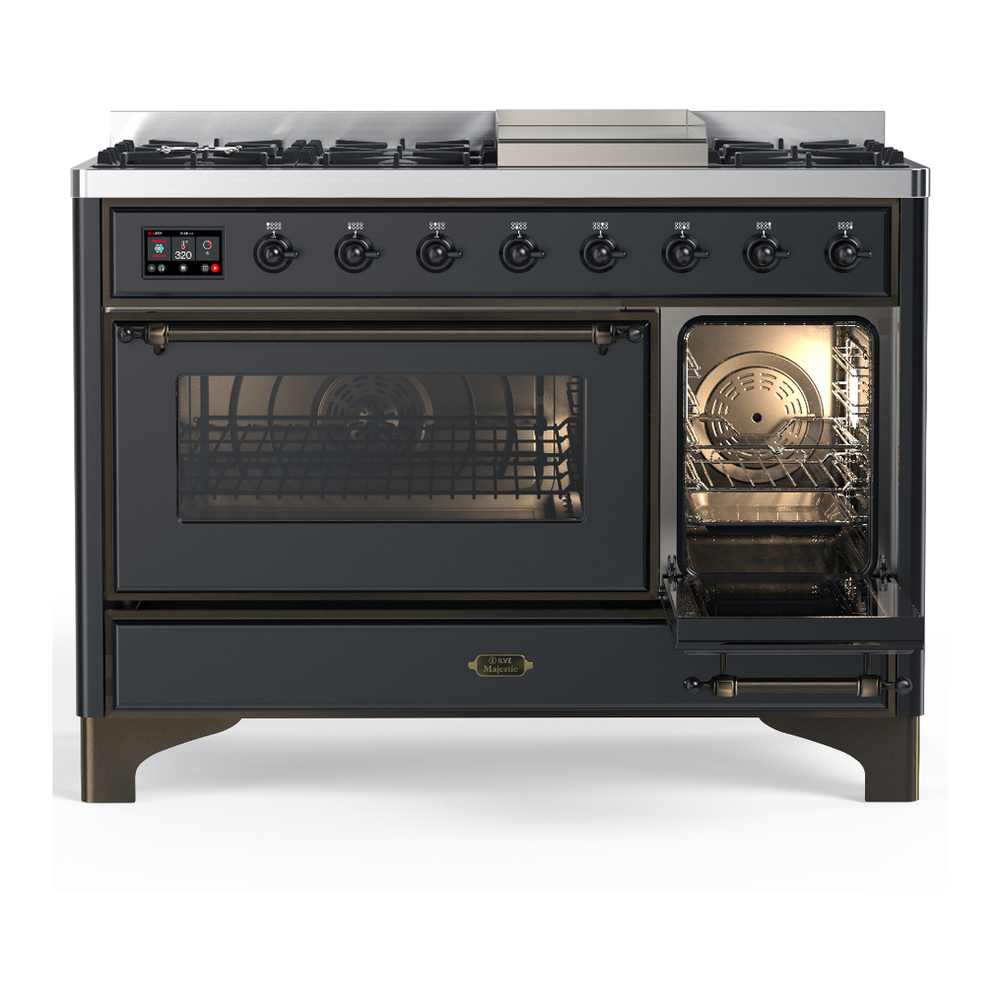 ILVE UM48FNR3MGBLP Majestic III 48 inch Dual Fuel Range with 8 Burners and Griddle, Dual Function Burner up to 25,000 BTU (Liquid Propane, Triple Glass Door, Graphite Matte, Burnished) 4 ILVE-UM48FNR3MGBLP-Secondary Oven Open View