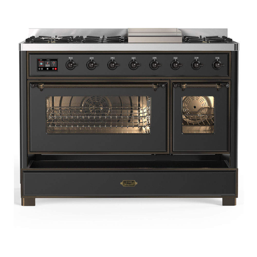ILVE UM48FNR3MGBLP Majestic III 48 inch Dual Fuel Range with 8 Burners and Griddle, Dual Function Burner up to 25,000 BTU (Liquid Propane, Triple Glass Door, Graphite Matte, Burnished) 8 ILVE-UM48FNR3MGBLP-Drawer Open View