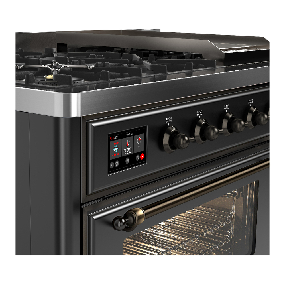 ILVE UM48FNR3MGBLP Majestic III 48 inch Dual Fuel Range with 8 Burners and Griddle, Dual Function Burner up to 25,000 BTU (Liquid Propane, Triple Glass Door, Graphite Matte, Burnished) 7 ILVE-UM48FNR3MGBLP-Control Knobs View