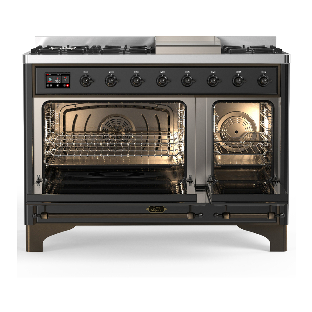 ILVE UM48FNR3MGB Majestic III 48 inch Dual Fuel Range with 8 Burners and Griddle, Dual Function Burner up to 25,000 BTU (Natural Gas, Triple Glass Door, Graphite Matte, Burnished) 5 ILVE-UM48FNR3MGB-Double Oven Open View