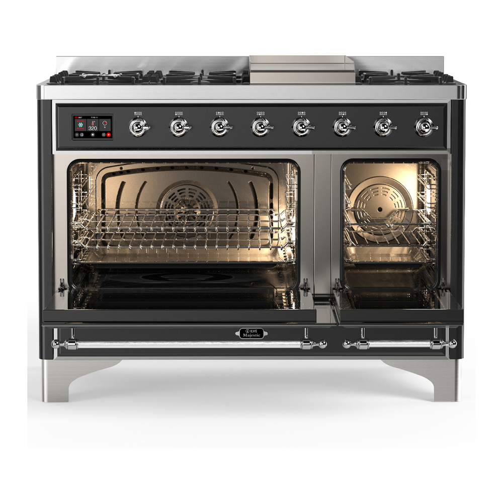 ILVE UM48FNR3MGC Majestic III 48 inch Dual Fuel Range with 8 Burners and Griddle, Dual Function Burner up to 25,000 BTU (Natural Gas, Triple Glass Door, Graphite Matte, Chrome) 5 ILVE-UM48FNR3MGC-Double Oven Open View